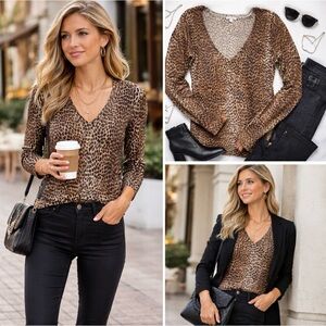 NEW YORK & COMPANY LEOPARD ANIMAL PRINT V-NECK SWEATER LIGHTWEIGHT COTTON XL